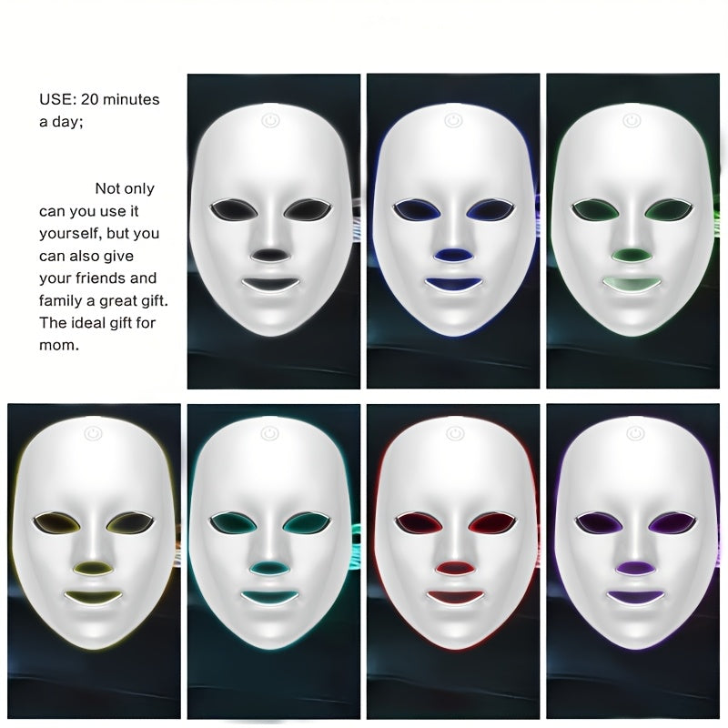 [LED Beauty Mask] 7-Color Facial Mask Device, 60-Bead LED Beauty Mask, 7-In-1 Facial And Neck Care Beauty Instrument, Automatic Care Device with 7 Working Modes, USB Rechargeable, Portable Skincare Equipment, Home Beauty Care Tool