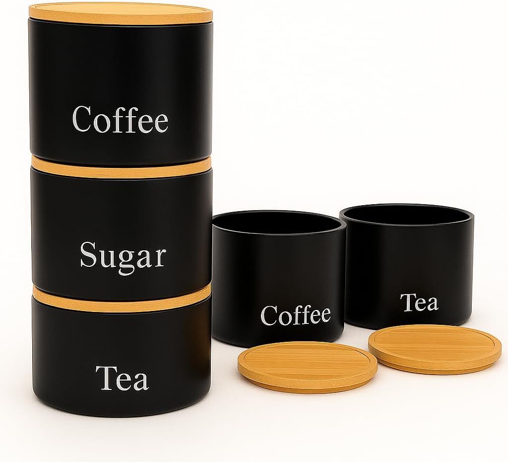 Trendi Set of 3 Tea, Coffee & Sugar Stackable Airtight Canisters- Black Storage Jars with Bamboo Lids – Easy to Open, Labelled Containers for Organized Kitchen Storage
