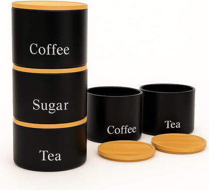 Trendi Set of 3 Tea, Coffee & Sugar Stackable Airtight Canisters- Black Storage Jars with Bamboo Lids – Easy to Open, Labelled Containers for Organized Kitchen Storage