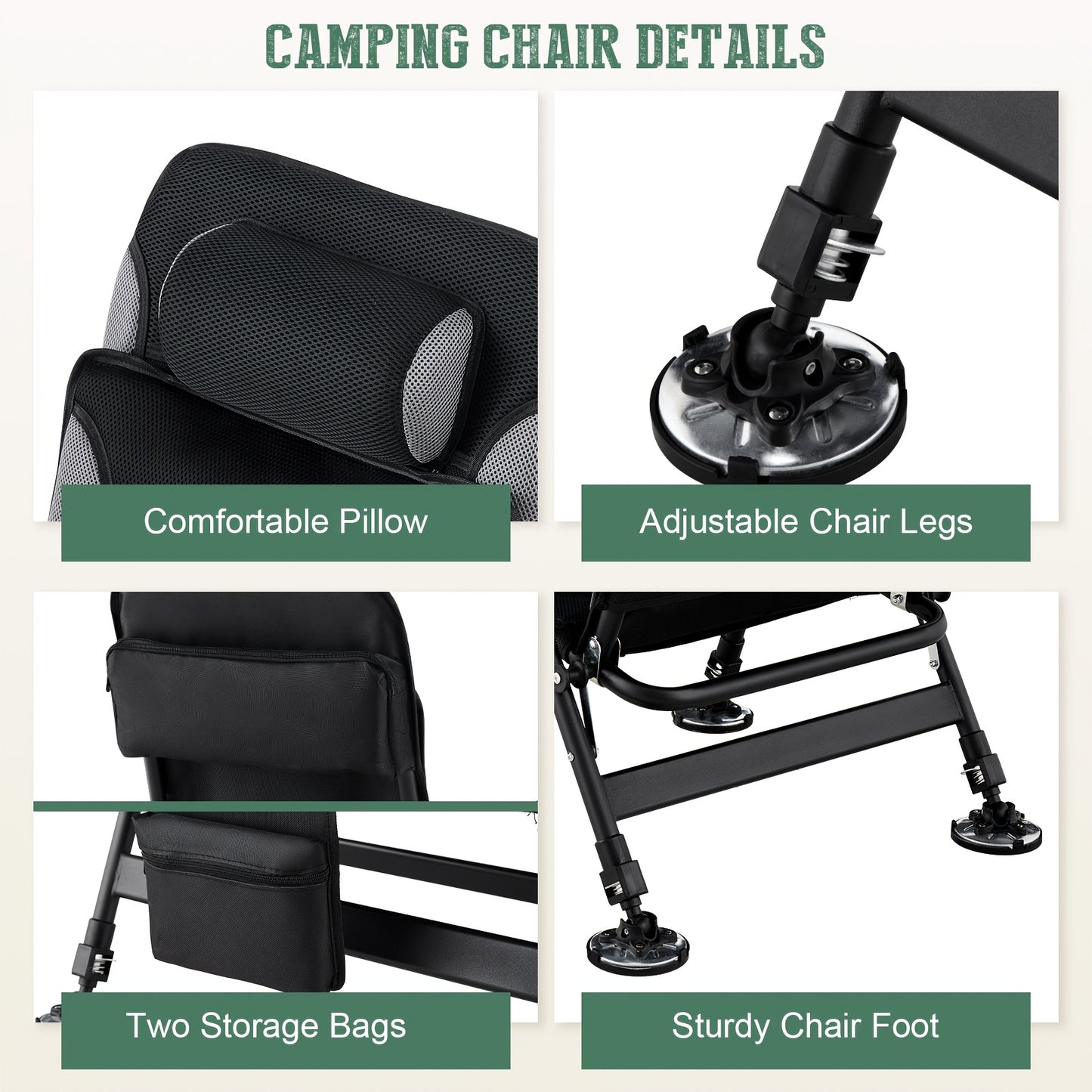Portable Outdoor Fishing Chair, Thickened Aluminum Frame, 4-Level Adjustable Backrest, Telescopic Big Foot Legs, Breathable Mesh Detachable Cushion, Front And Rear Storage Bags with Tool Bag