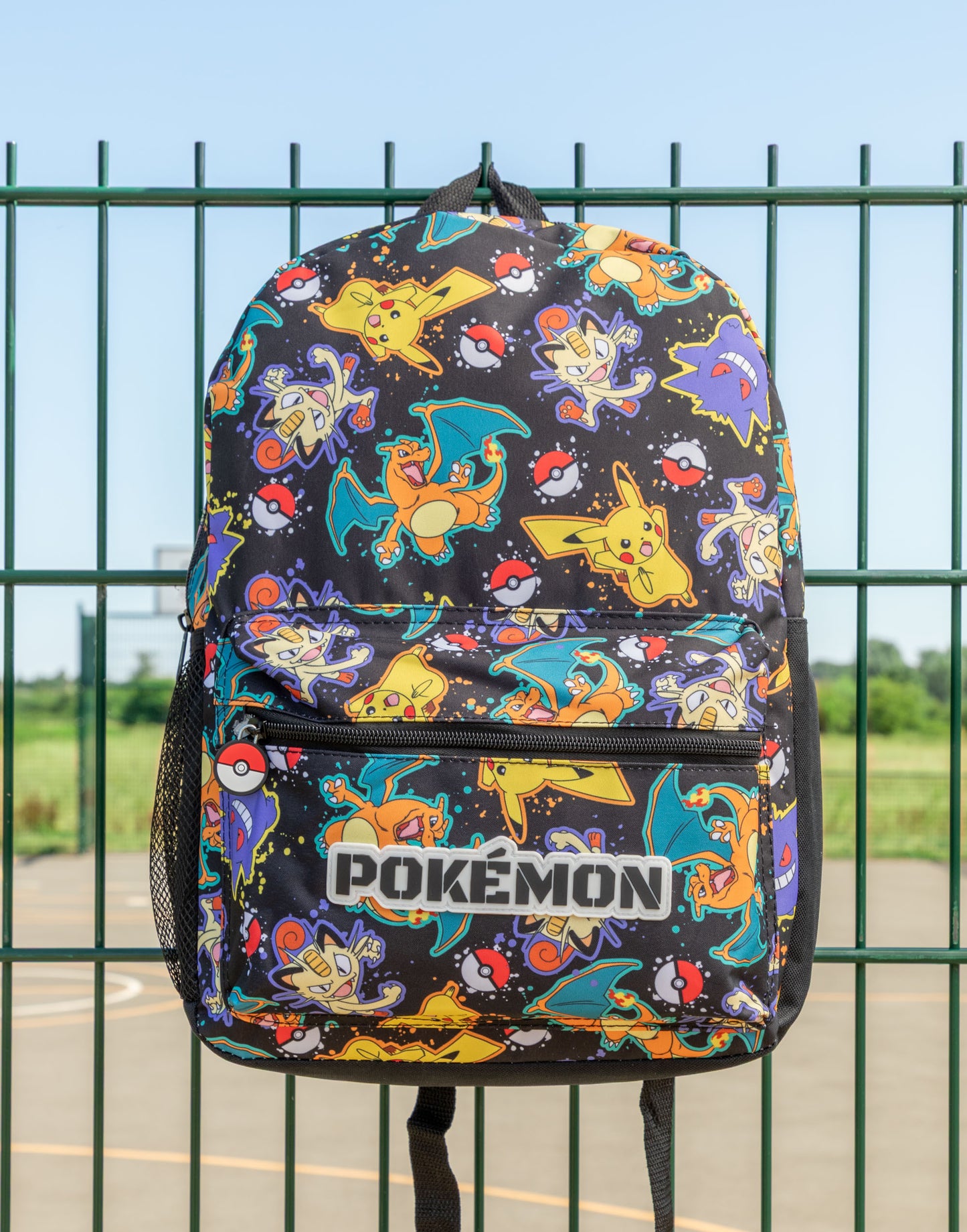Pokémon Pikachu Charizard Gengar Meowth Backpack in Black | Kids Character All-Over Print Bag | Adjustable Shoulder Straps, Front Pocket & Mesh Holder