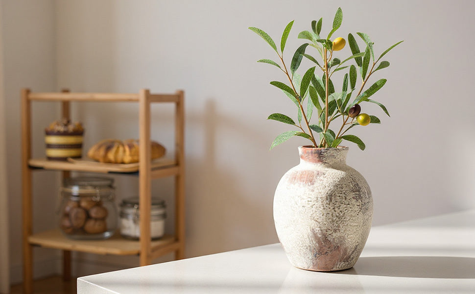Ceramic Rustic Farmhouse Vase 6 Inch Terracotta Boho Flower Vase Decorative for Dried Flowers Home Decor Living Room Table Shelf Mantel Decoration (D5 x H6 inch)