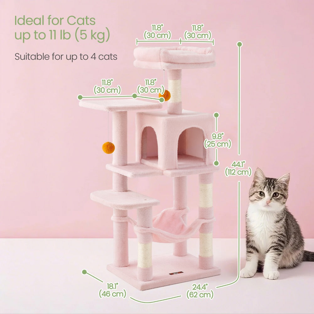 112cm Cat Tree Multi-Level Plush Tower Condo with 4 Scratching Posts, Hammock, Cave & Platforms – Stair-Step Design with Hanging Toys | Easy Assembly Indoor Cat Furniture | Pink White Beige Grey | UK