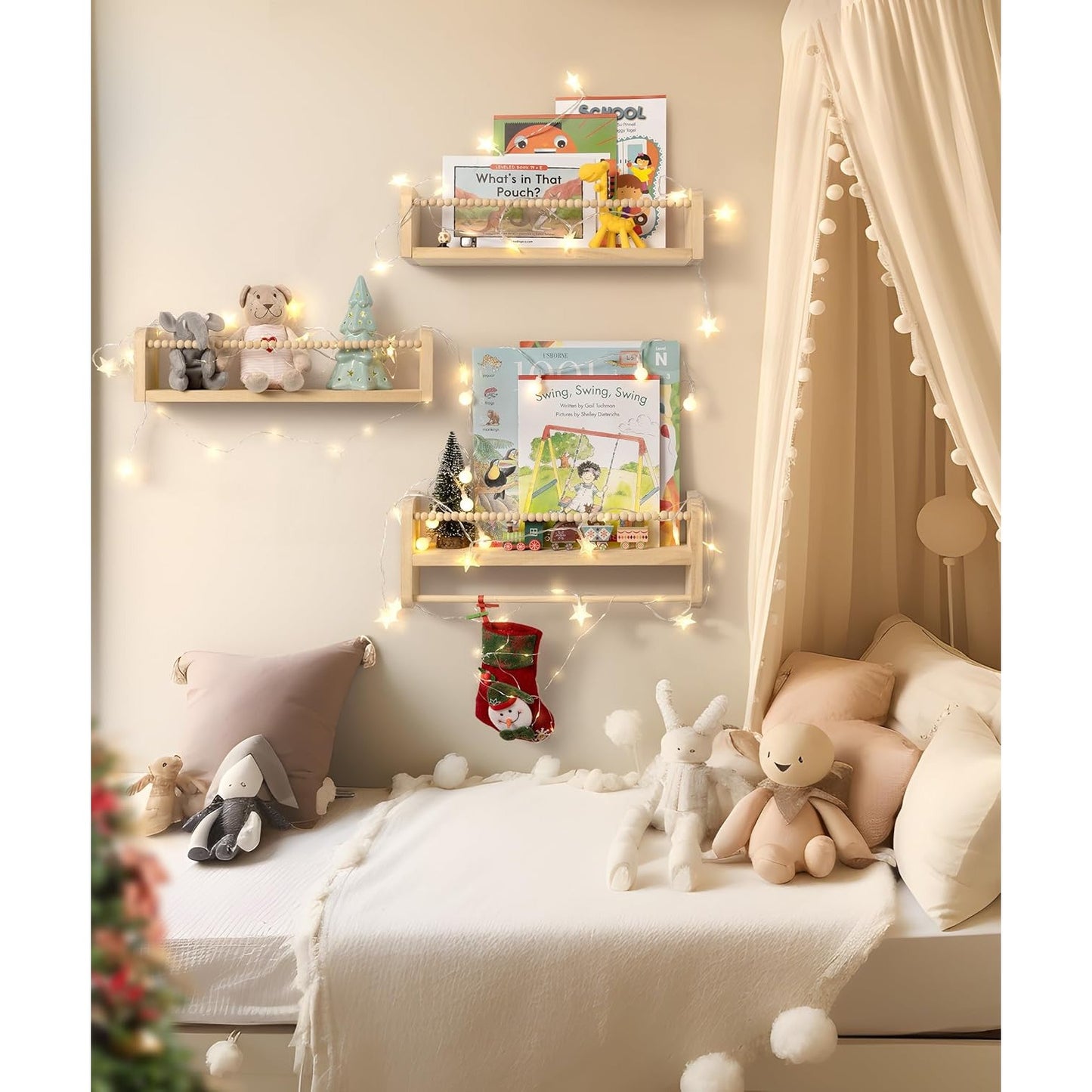 40cm Set of 3 Shelves Floating Book Shelf for Wall, Shelves for Bedroom Bookshelf Pink Room Decor, Solid Wood Small Organizer With Wooden Bead Design