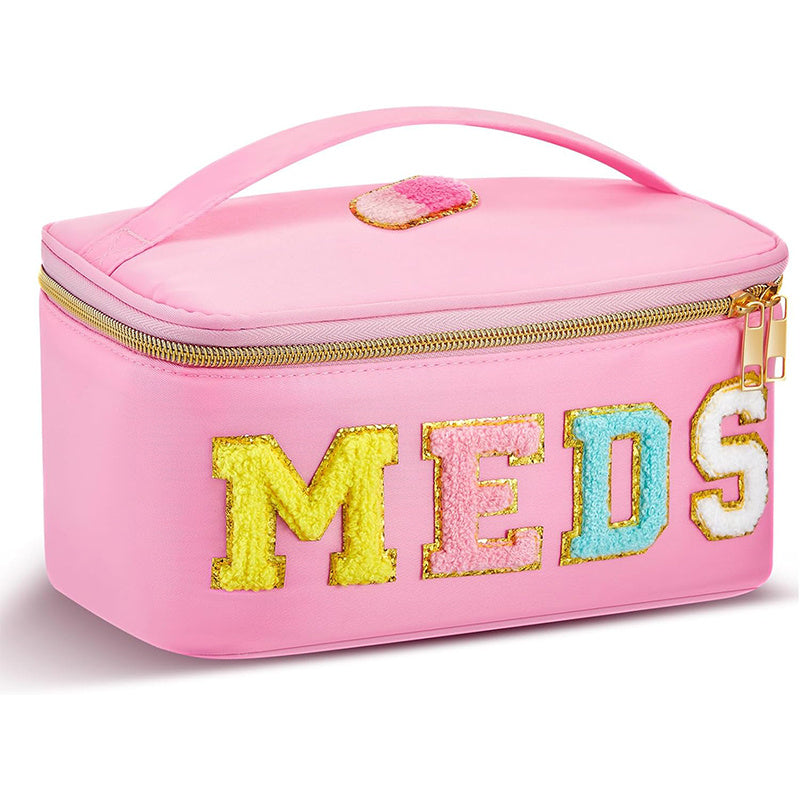 Women'S Large Capacity Makeup & Medication Organizer Bag with MEDS Lettering & Glittery Accent - Portable Travel Toiletry Case, Spacious Multi-Compartment Storage for Medication, Cosmetics, Jewelry & Accessories, Durable Fabric-like Material (Pink/Black/T