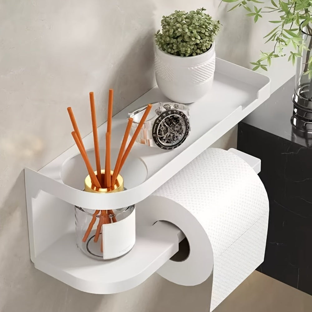 Wall-Mounted Toilet Paper Holder With Storage Shelf, No Drill Adhesive Installation, Bathroom Organizer - Space-Saving Tissue Roll Dispenser For Home Or Hotel Use