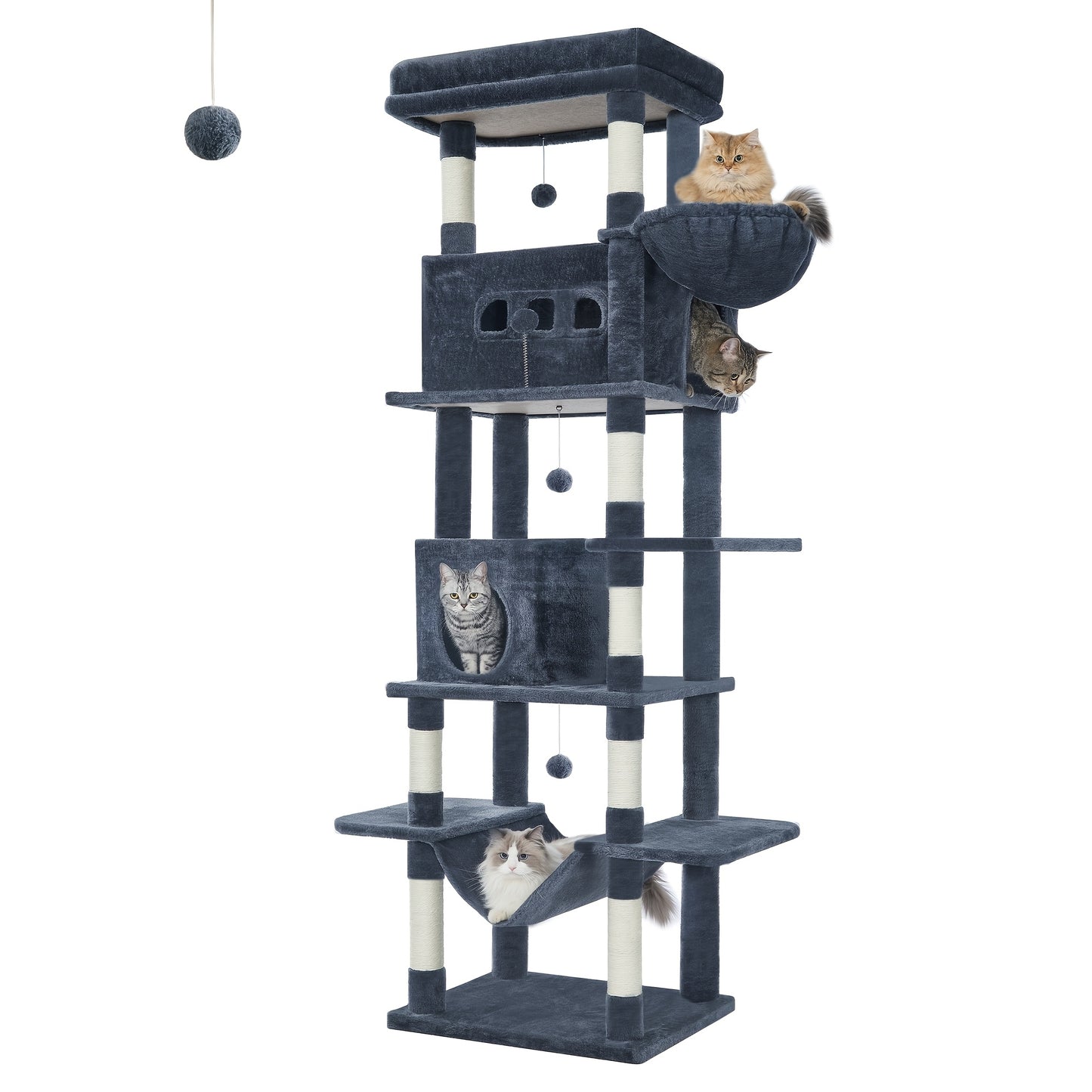 210 Cm Large Cat Scratching Post, Cat Tower For Maine Cats, Large Cats, Multi-Level Scratching Post With Large Perch, Washable Mat, Cat House Furniture With 2 Caves, 8 Scratching Posts, Dark Grey