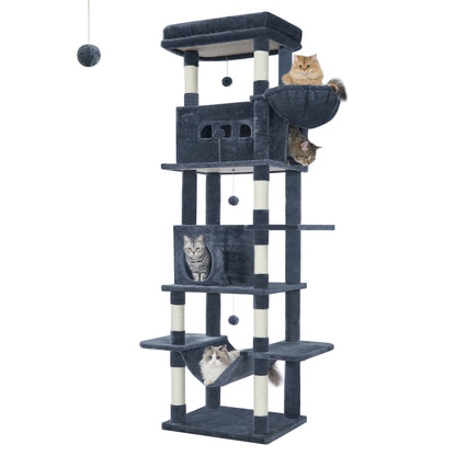 210 Cm Large Cat Scratching Post, Cat Tower For Maine Cats, Large Cats, Multi-Level Scratching Post With Large Perch, Washable Mat, Cat House Furniture With 2 Caves, 8 Scratching Posts, Dark Grey
