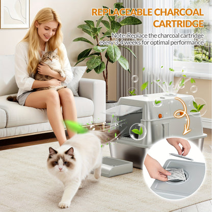 Stainless Steel Litter Tray with Lid, Enclosed Litter Box, Hinged Lid for Easy Cleaning, Includes Pedal And Scoop, Modular Design, 61L X 41W X 40H Cm, Light Grey
