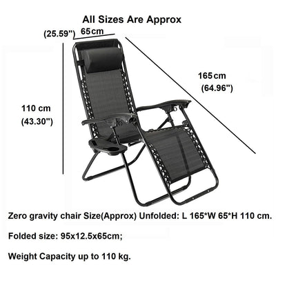 2 x Zero Gravity Reclining Garden Chair Sun Beach Lounger Recliner Outdoor Black