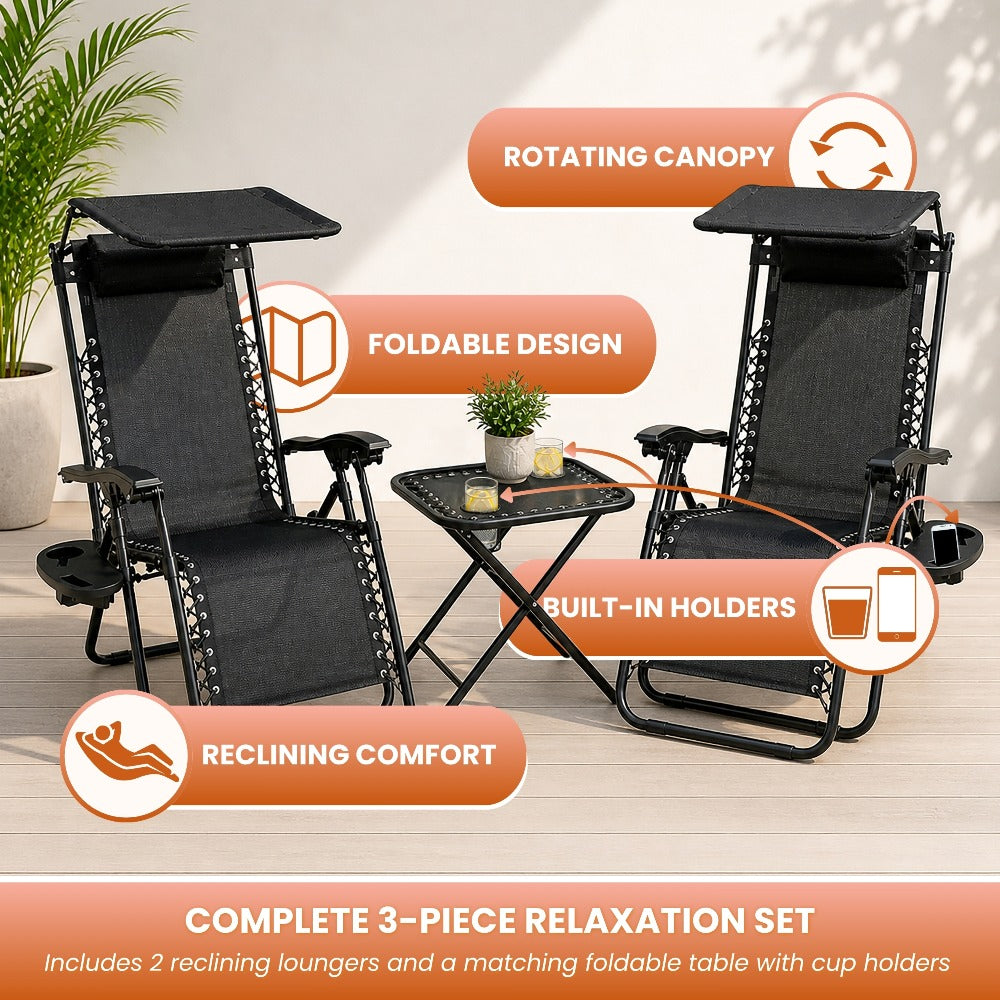 Zero Gravity Sun Lounger Set 3 Piece with Folding Table Canopy Shade Cup Holder Reclining Garden Patio Beach Chairs Breathable Mesh Black
