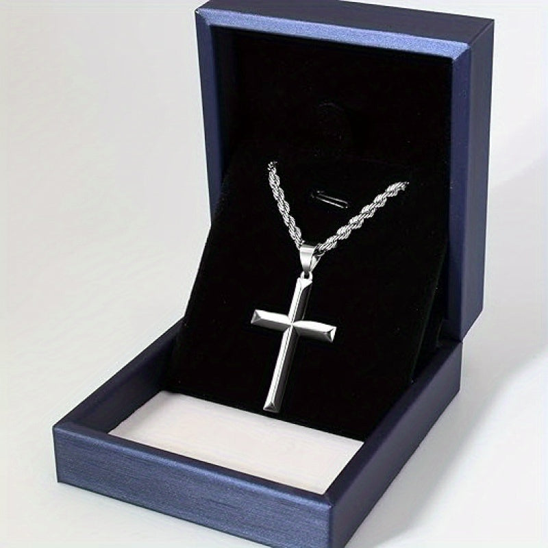 925 Sterling Silver Solid(Total Weight Of The Product (7g) Cut Beveled Edge Rope Chain Cross Pendant Necklace, Nickel And Lead Free- Stylish And Durable Design- Sterling Silver Construction- The Perfect Gift for All Occasions, Gift Box