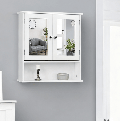 Costoffs Wall Cabinet, Living Room Wall Cabinet with Mirror, Wooden Wall Mount Storage Cabinet with Adjustable Shelf and Double Mirror Doors for Bedroom, Bathroom and Kitchen, Kitchen Storage Cabinet, White