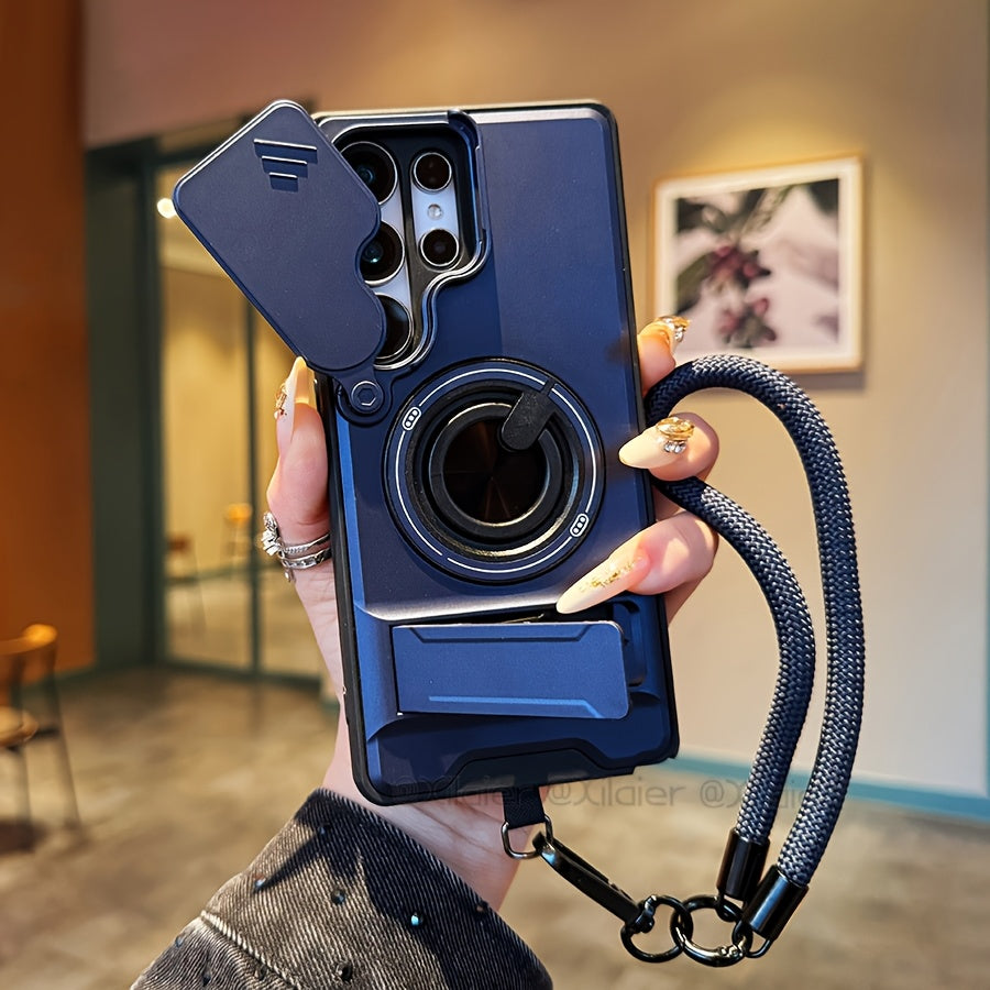 Phone Case: for Samsung Galaxy S26 Ultra S25 S24 S23 Phone Case with 360 Rotating Ring Lanyard Bar Stand Sliding Lens Protection Multifunctional Car Mount Compatible