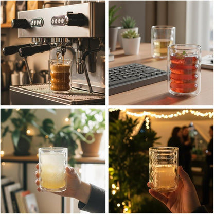 This 6-pack of double, walled glass coffee cups, each with a 330ml (11oz) capacity, keeps drinks hot or cold. Includes 6 spoons and is dishwasher safe. Perfect for serving tea, cappuccino, and latte at home, in a cafe, or in the office.
