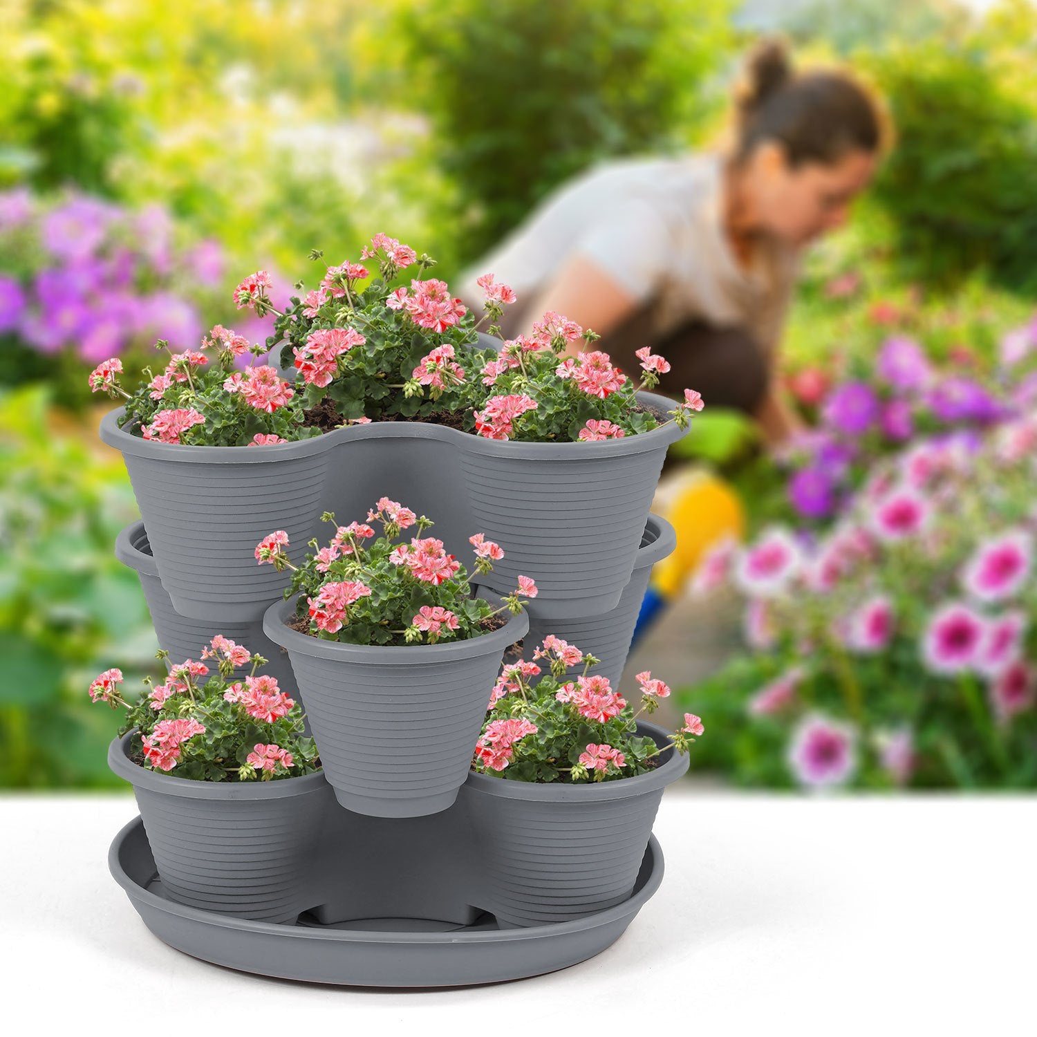 Vertical Garden Tower Planter 3 Tier Stackable – Holds 9 Plants, Grow Strawberries, Herbs, Flowers & Vegetables Indoors & Outdoors, Weather-Resistant Tri-Pot UK