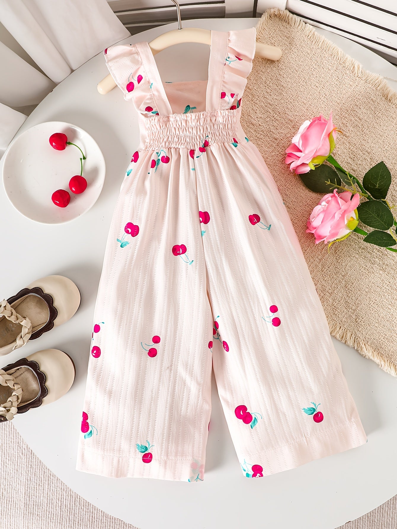 Summer European and American Fashion Baby Girl Onesies, Retro Casual Onesies with Cute Cherry Prints, Playful Flutter Sleeves, Suitable for Daily Wear, Outdoor Activities, Perfect for Outdoor
