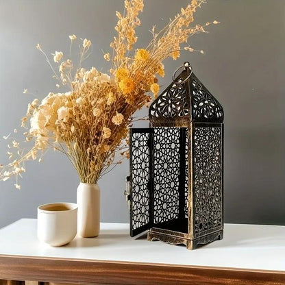 2-Pack Moroccan Style Iron Candle Lantern Holder - Intricate Cut-Out Patterns, Tabletop or Hanging Decor for Wedding, Dining Table, Courtyard, Rustic Elegance with Bakelite Finish (Candles Not Included)