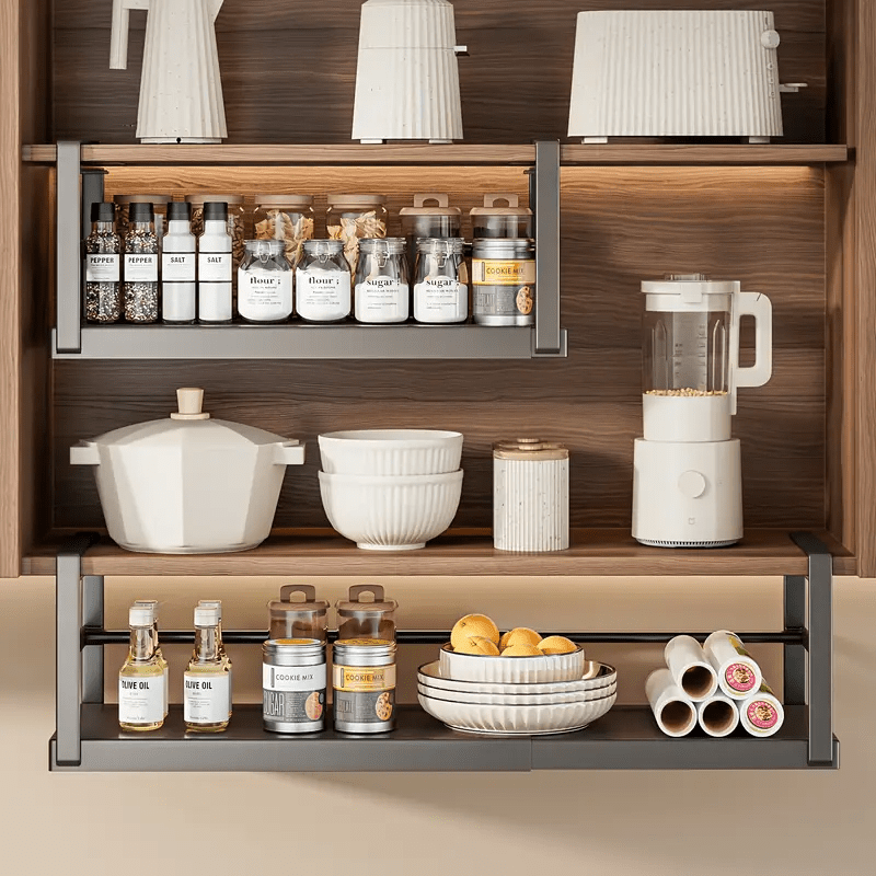 1pc of Adjustable Metal Shelf Organizer for Cabinets, an Expandable Storage Rack for Spices And Seasonings, Designed to Hang Under Cabinets with a Layered Partition, in Black