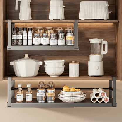 1pc of Adjustable Metal Shelf Organizer for Cabinets, an Expandable Storage Rack for Spices And Seasonings, Designed to Hang Under Cabinets with a Layered Partition, in Black