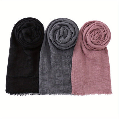 3pcs/Lot Solid Color Bubble Pleated Warm Autumn And Winter Scarf Solid Color Muslim Headscarf Hijab Scarf Ramadan