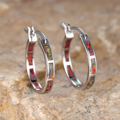 Boho Vintage Blue White Synthetic Opal Earrings | 14K Golden Plated Copper Hoop Earrings for Women, Suitable for Daily and Party Occasions