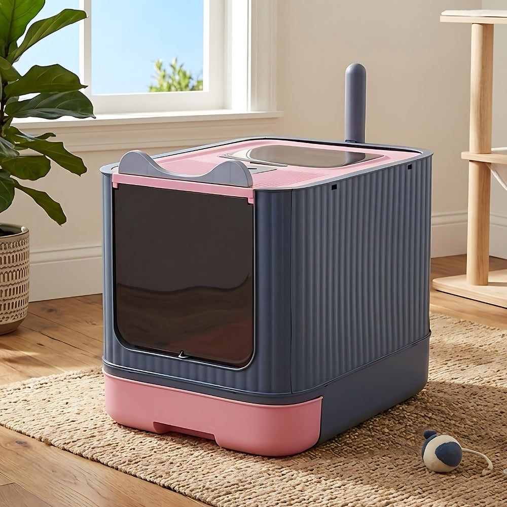 Enclosed Cat Litter Box with UV Sterilisation & Deodoriser | Large Hooded Cat Toilet with Drawer Tray & Scoop | Anti-Splash Odour Control Litter Tray | 44.5x36.5x34.5cm | Grey