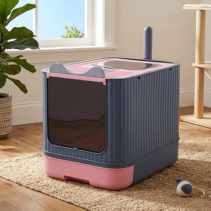 Enclosed Cat Litter Box with UV Sterilisation & Deodoriser | Large Hooded Cat Toilet with Drawer Tray & Scoop | Anti-Splash Odour Control Litter Tray | 44.5x36.5x34.5cm | Grey