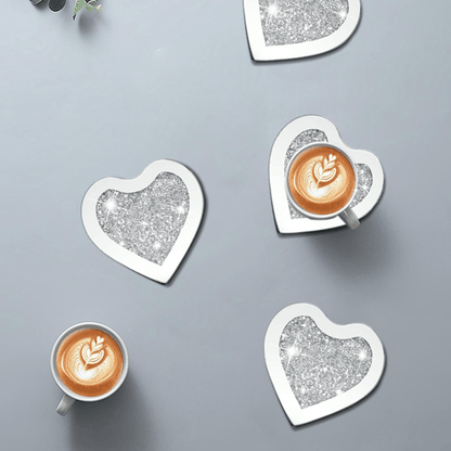 SERENA'S ® Set of 4 Heart Crystal Coasters – 10cm Glass Mirrored Drink Coasters with Glitter Crushed Diamond Design – Elegant Coasters for Home, Kitchen, Bar, or Table Decoration