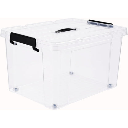 3‑Pack Clear 43L Storage Boxes with Lids & Wheels – Stackable Plastic Containers with Secure Clips and Integrated Handles for Home, Bedroom, Office & Kitchen Organisation