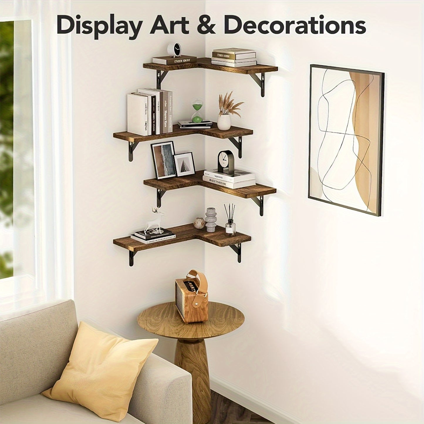 4 Tier Wooden Floating Shelves Wall Mounted Storage Rack L Shape Corner Shelf Versatile Home Kitchen Bathroom Bedroom for Books, Crafts, Festival Ornament, Toiletries Display Holder Decorative Stand