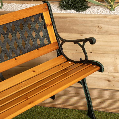 2 Seater Outdoor Wooden Cast Iron with Lattice Design Garden Patio Bench