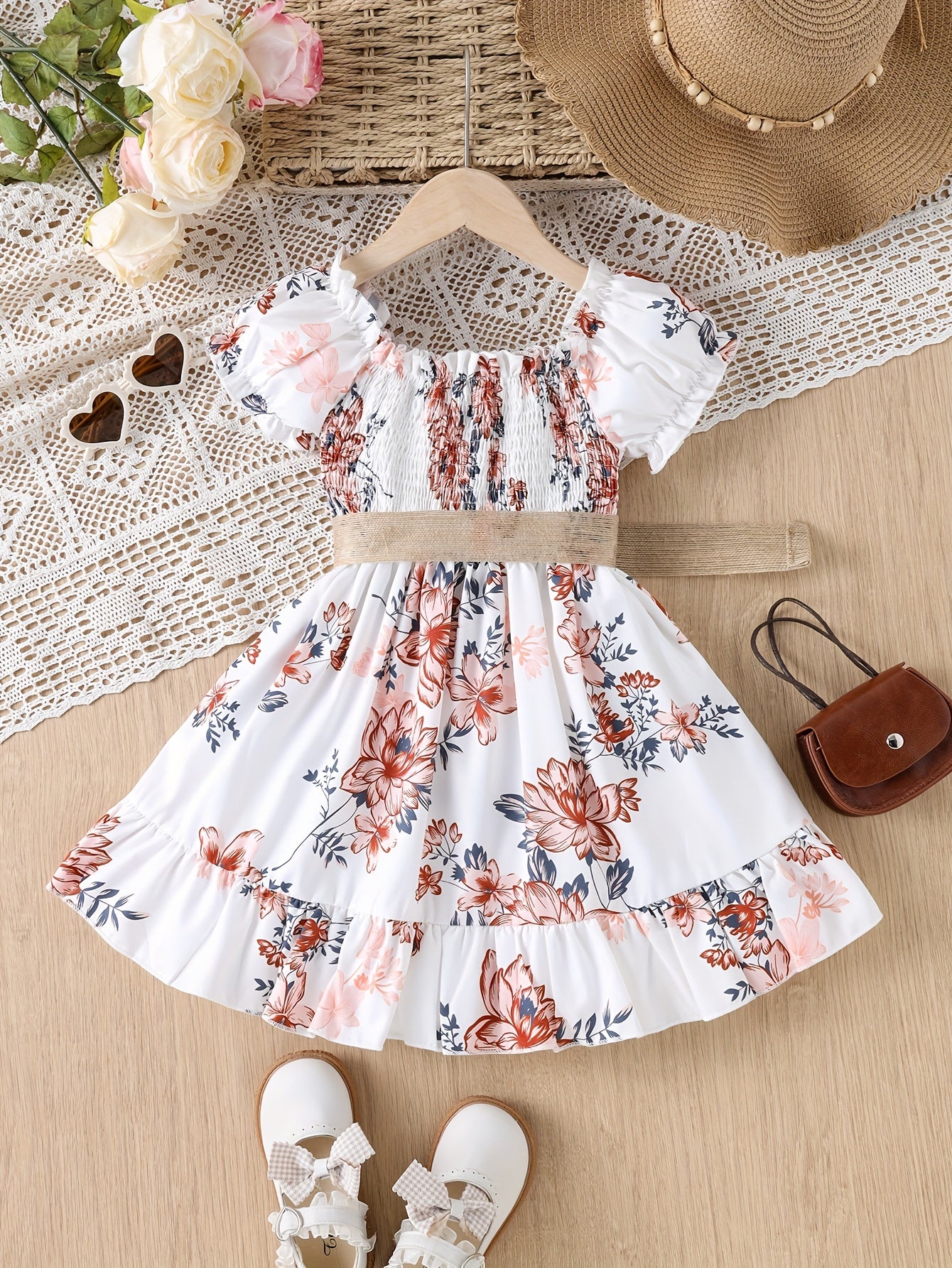 White Waist-Cinching Print Short-Sleeve Round-Neck Casual Dress for Girls