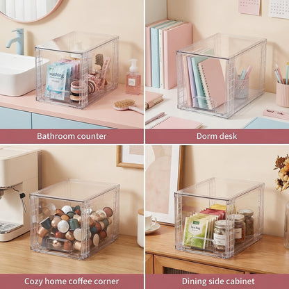 4pcs Food Storage Drawers - Clear Stackable Slide-Out Cabinet Organizers with Lids, Plastic Bins for Pantry, Kitchen, Cabinet, Undersink, Bathroom Organization