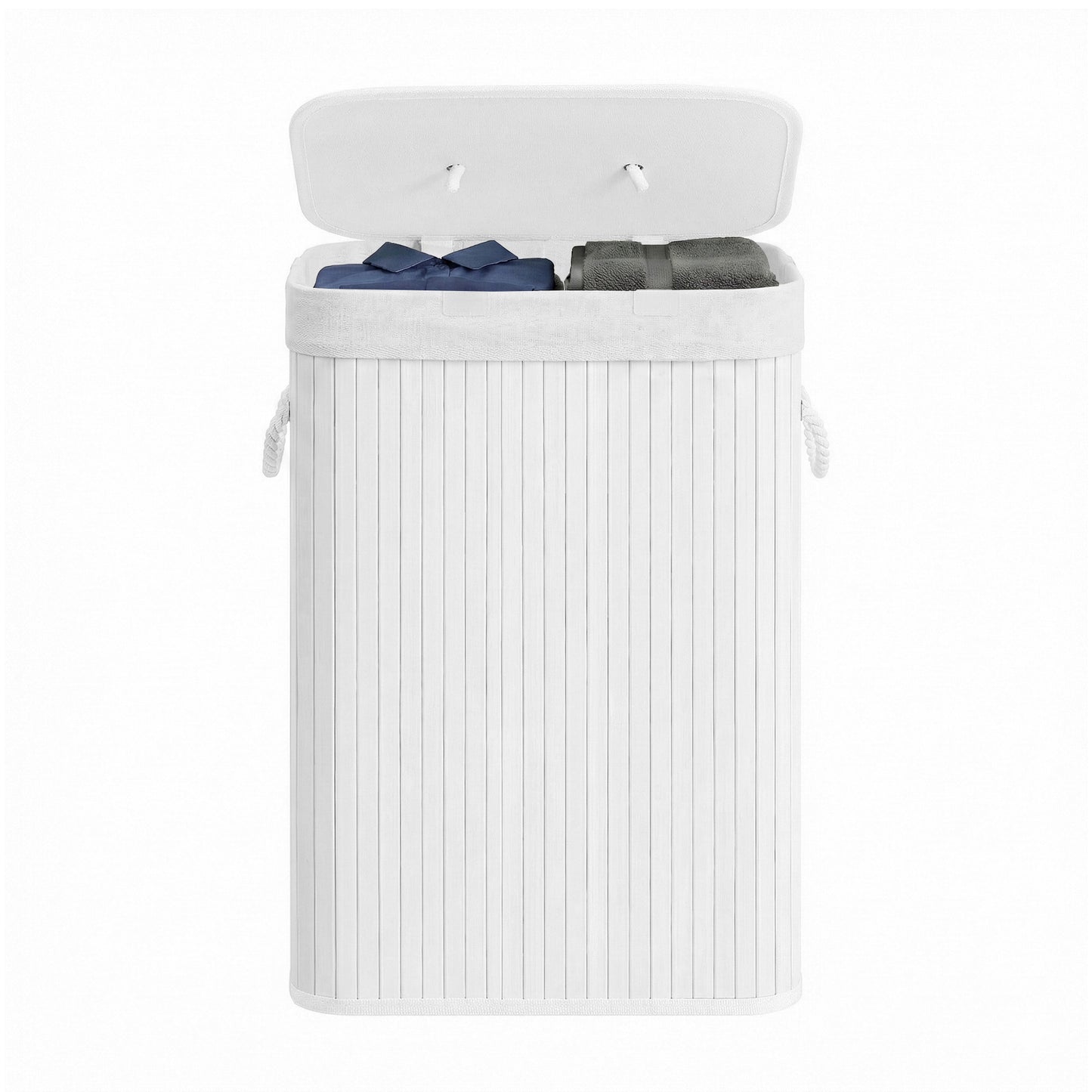 Bamboo Hamper with Lid, Collapsible Laundry Basket, Removable Liner, Handles, for Bedroom, Laundry Room, White
