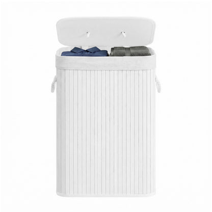 Bamboo Hamper with Lid, Collapsible Laundry Basket, Removable Liner, Handles, for Bedroom, Laundry Room, White
