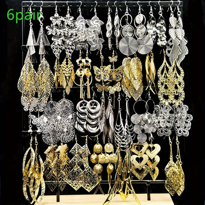 [Women's Jewelry Set] 6/12 Pairs/Bag Women's Jewelry Set - Retro Fashion Elegant Hollow Out Multi-Layer Pendant Earrings - Butterfly Leaf Geometric Shape Exaggerated Bold Design - Suitable for Parties And Casual Parties Gifts - Mixed Layered Hanging Women