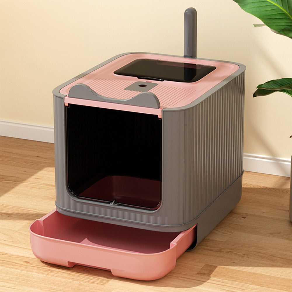 Enclosed Cat Litter Box with UV Sterilisation & Deodoriser | Large Hooded Cat Toilet with Drawer Tray & Scoop | Anti-Splash Odour Control Litter Tray | 44.5x36.5x34.5cm | Grey