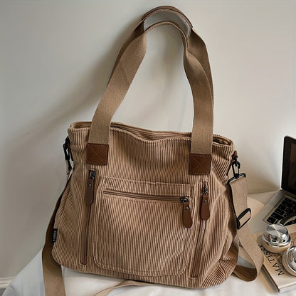 Corduroy Tote Bag Women Large Capacity – Adjustable Shoulder Strap, Multi-Pocket Crossbody Handbag for Work, Shopping & Daily Commute | Beige Vintage Style