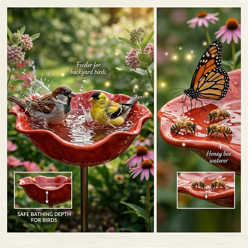 [3D] Handmade Metal Flower Garden Stake with Bee Bath Bird Water Bowl Decorative Outdoor Yard Art, Butterfly & Pollinator Watering Station, Weather-Resistant Garden Decor Gift