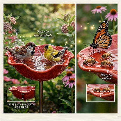 [3D] Handmade Metal Flower Garden Stake with Bee Bath Bird Water Bowl Decorative Outdoor Yard Art, Butterfly & Pollinator Watering Station, Weather-Resistant Garden Decor Gift