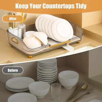 1pc Dish Drying Rack with Handle & Drainboard - Space-Saving Compact Design with Utensil Holder, Durable Plastic Construction, Easy to Clean & Move - Over Sink or Countertop Use for Small Kitchens, Apartments, RVs - Modern White & Golden Kitchen Organizer