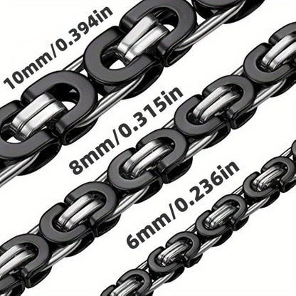 1pc Stainless Steel Black Flat Byzantine Chain Link Necklace For Men And Women, Available In 6mm, 8mm And 10mm Width And 18-28 Inches Length