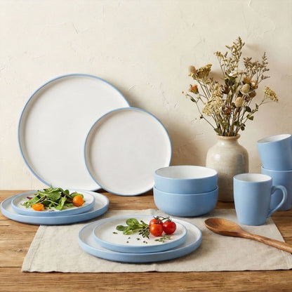 *** NEW *** Waterside 16pcs Pastel 2tone Blue Stoneware Dinner Set; 4 Dinner Plates, side Plates, Deep Bowls and Mugs