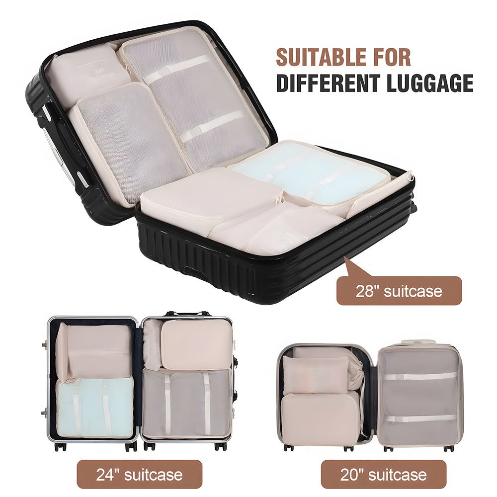 Packing Cubes Set of 7 for Suitcase – Travel Organiser Bags for Clothes, Shoes, Toiletries & Accessories, Oxford Fabric Luggage Sorting Pouches for Holiday & Business Travel in Grey, Pink, Blue & Beige