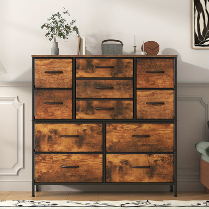 Large 11-Drawer Dresser with Sturdy Metal Frame & MDF Wood Top - Tall Fabric Storage Cabinet with Anti-Tip Design, Adjustable Legs, 68.58cm+ Height, 3.2 Cu Ft Capacity, Black Classic Modern Dresser for Bedroom, Living Room, Office - Easy Assembly, Space-S