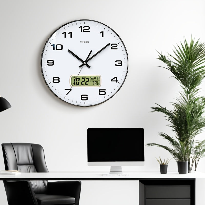TIMESS Calendar Display Analog Wall Clock, 12/14 Inch 2-color Large Dial Silent, Can Display Perpetual Calendar And Fahrenheit Temperature, Bedroom, Office, School Decoration