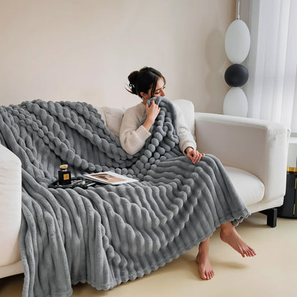 1pc Large Strips Ribbed Throw Blankets | Luxurious 270g Flannel Fleece Blanket | Warm Cozy Blanket Throws For Sofas, Bed, Chair, Couch, Settee | Super Soft Warm Blanket Single Double King Super King Size, Machine Washable, Easy Care, Perfect for Home, Tra