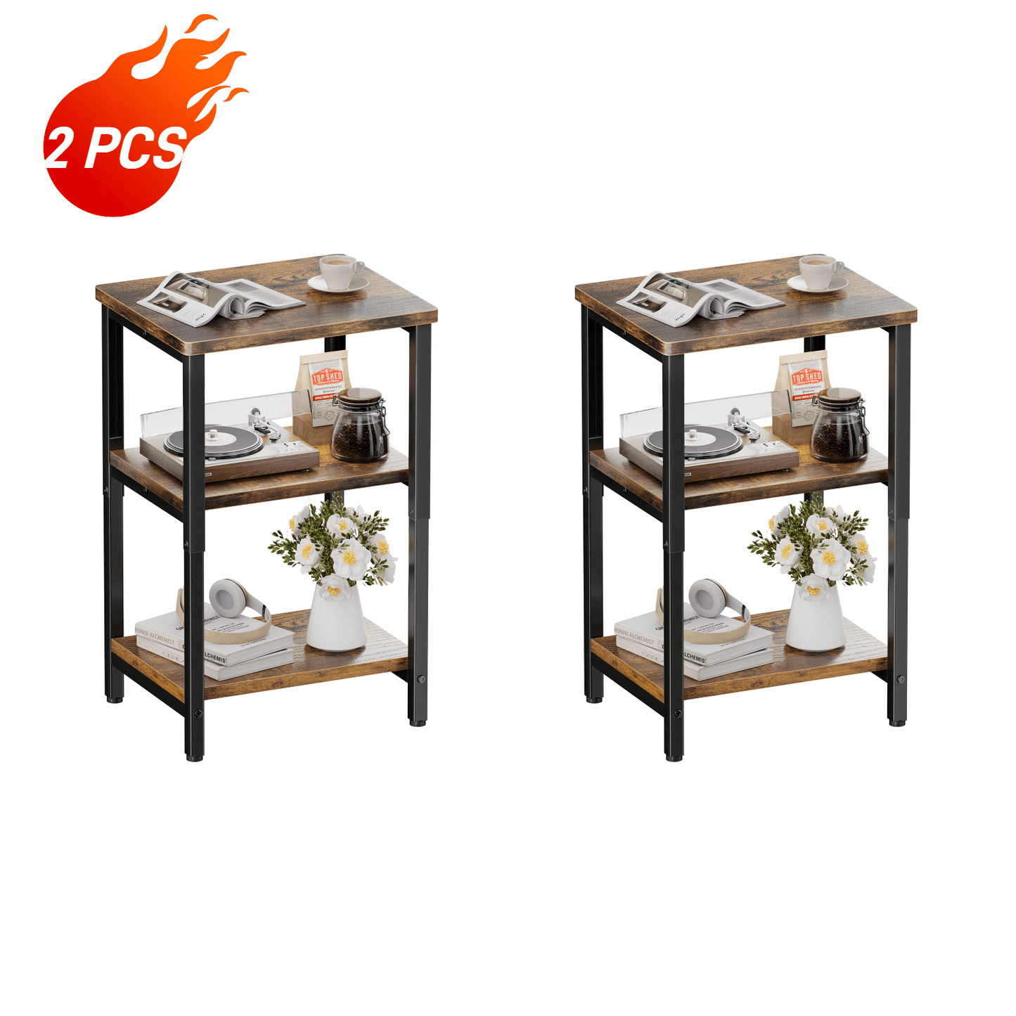 Bookshelf, Sofa Side Table Living Room, Industrial End Table With 3-Tier Storage Shelves, Bedside Tables With Height Adjustable, Steel Frame, Nightstand 37 x 30 x 59.4/62.4/65.4 cm, 4 Colors