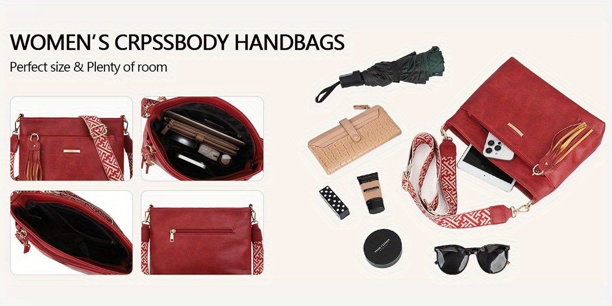 New Large-Capacity Women's Crossbody Bag with Fashionable Tassel Accessory, Wide Shoulder Strap, Contrast Color Square Bag, Simple, Casual, Versatile Commuter Single-Shoulder Underarm Bag